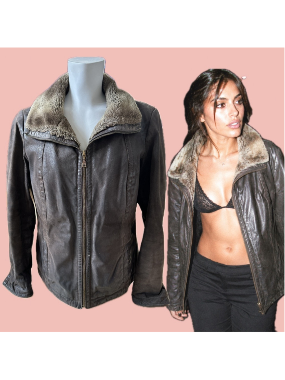 Vintage Danier Brown Leather Aviator Jacket L – Sherpa Collar Zip Up